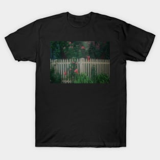 Pink Roses Growing on a White Picket Fence T-Shirt